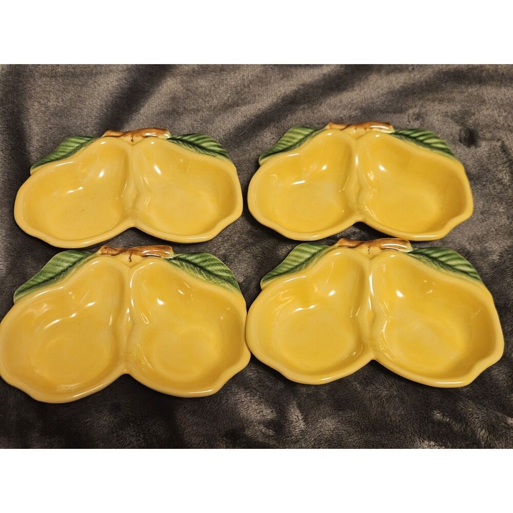 Vtg 1940's USA (4) Belmar 320 California Pottery Yellow Pear & Leaf Snack Dishes
